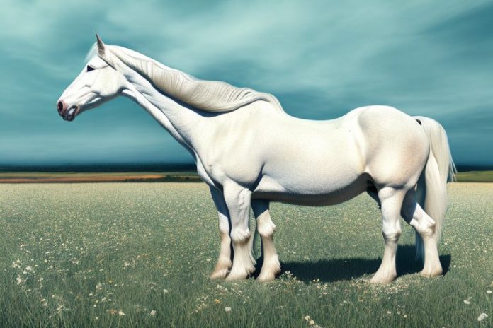 A beautiful american cream draft horse in a field in jeffreys bay