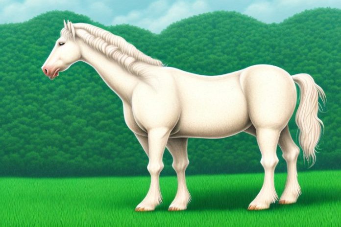 A majestic american cream draft horse standing in a lush green field in soweto