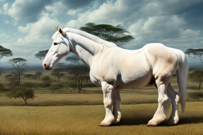 An american cream draft horse in a rural landscape in limpopo