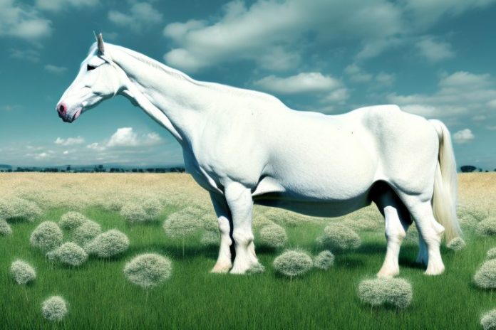 A white american cream draft horse standing in a field of grass in calvinia