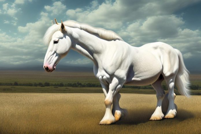 An american cream draft horse in a rural landscape in north west