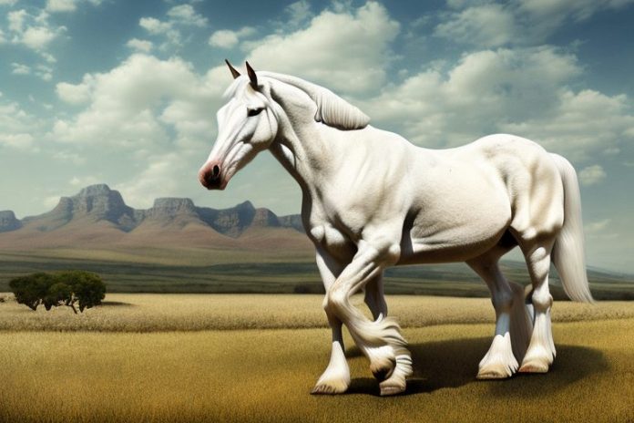 An american cream draft horse in a rural landscape in the western cape