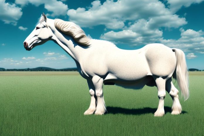 A majestic american cream draft horse standing in a grassy field in george