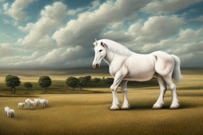 An american cream draft horse in a rural landscape in worcester