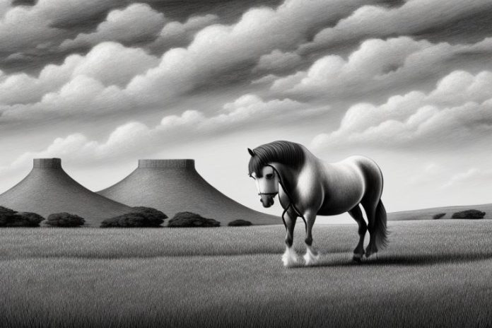 An irish draught horse in a rural south african landscape
