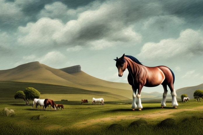 An irish draught horse in a rural landscape in the eastern cape