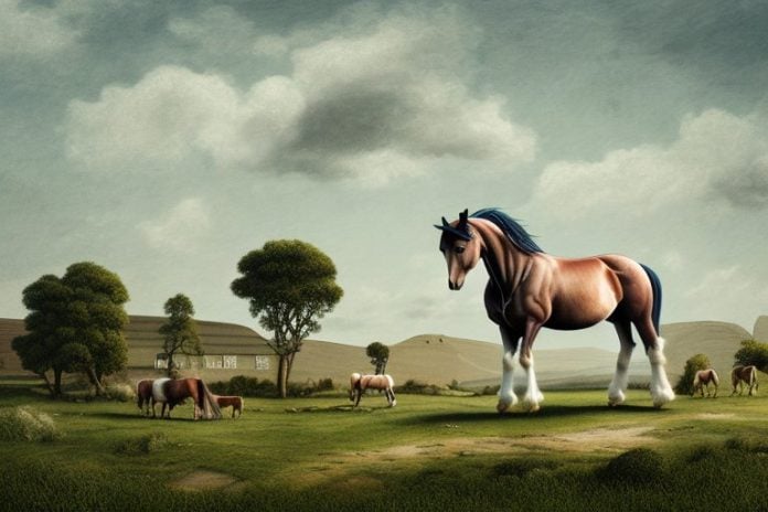 An irish draught horse in a rural landscape in east london