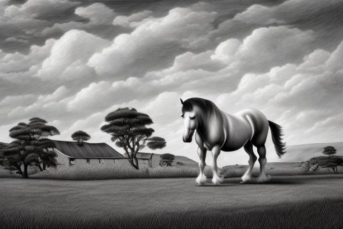 An irish draught horse in a rural landscape in uitenhage