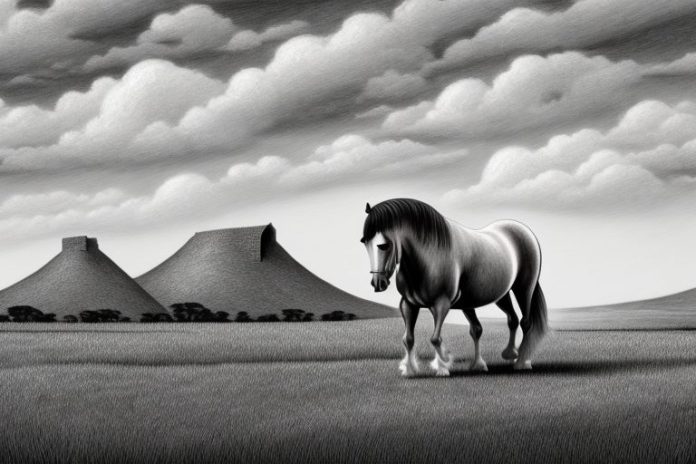 An irish draught horse in a rural south african landscape