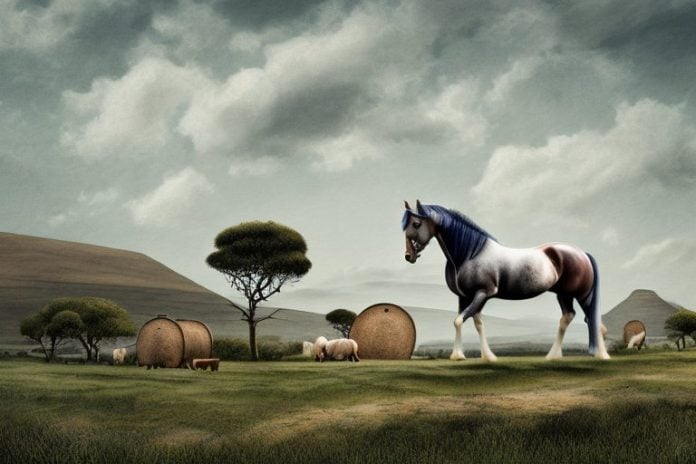 An irish draught horse in a rural landscape in south africa