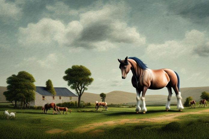 An irish draught horse in a rural landscape in virginia