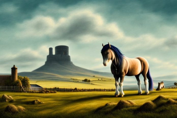 An irish draught horse in a rural landscape