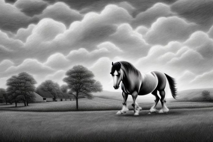 An irish draught horse in a rural landscape