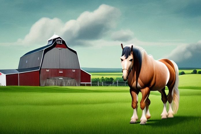 An irish draught horse in a rural setting with a barn in the background