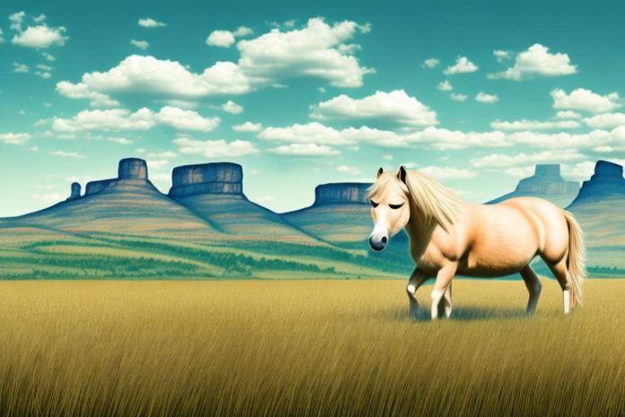 A haflinger horse in a field with a view of harrismith in the background