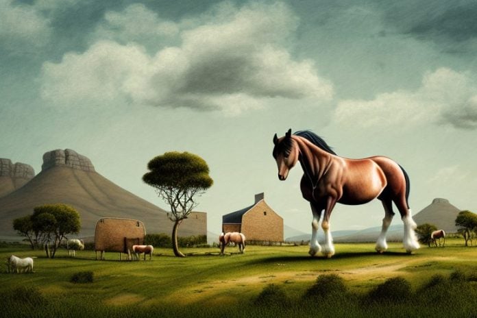 An irish draught horse in a rural landscape in south africa