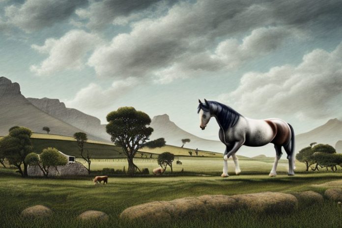 An irish draught horse in a rural landscape in stellenbosch