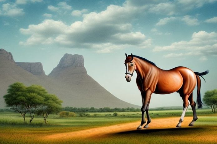 A marwari horse in a rural landscape near hartbeespoort