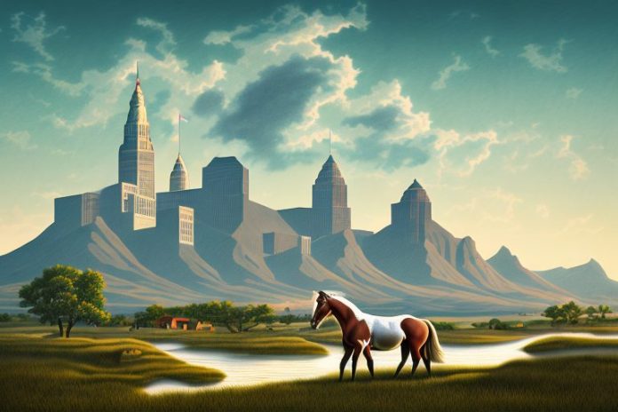 A cleveland bay horse in a rural landscape
