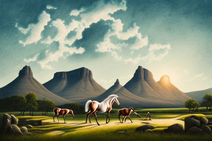 A cleveland bay horse in a rural landscape with a backdrop of the south african sky