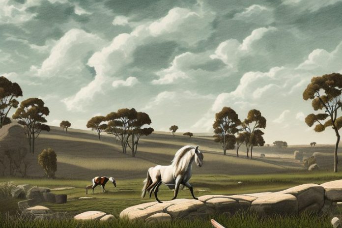 A cleveland bay horse in a rural landscape in parys
