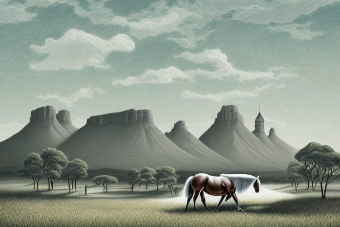 A cleveland bay horse in a rural south african landscape