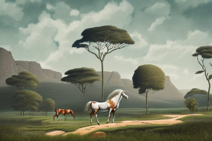 A cleveland bay horse in a rural landscape in mpumalanga