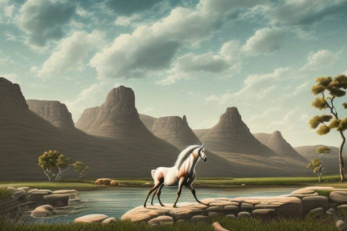 A cleveland bay horse in a rural landscape in kimberley