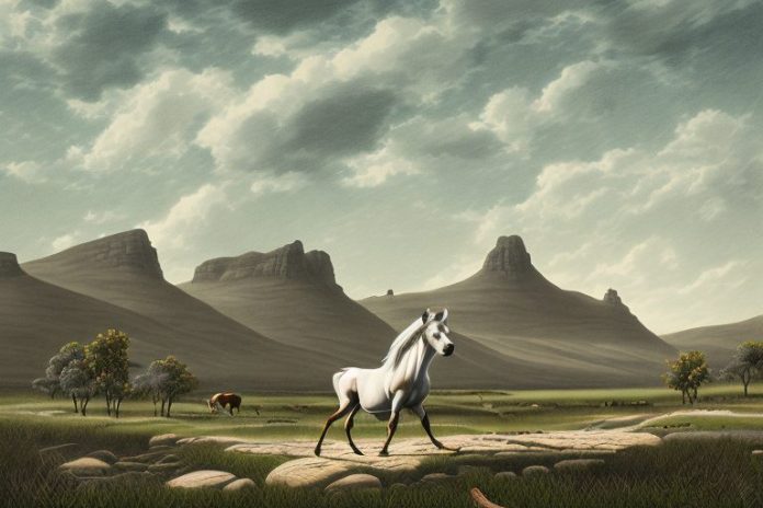 A cleveland bay horse in a rural landscape in calvinia
