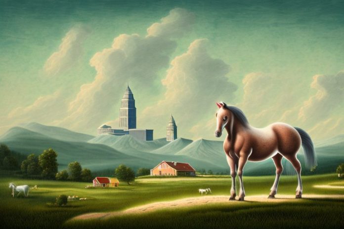 A cleveland bay horse in a rural landscape