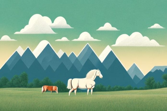 A haflinger horse in a rural landscape with mountains in the background