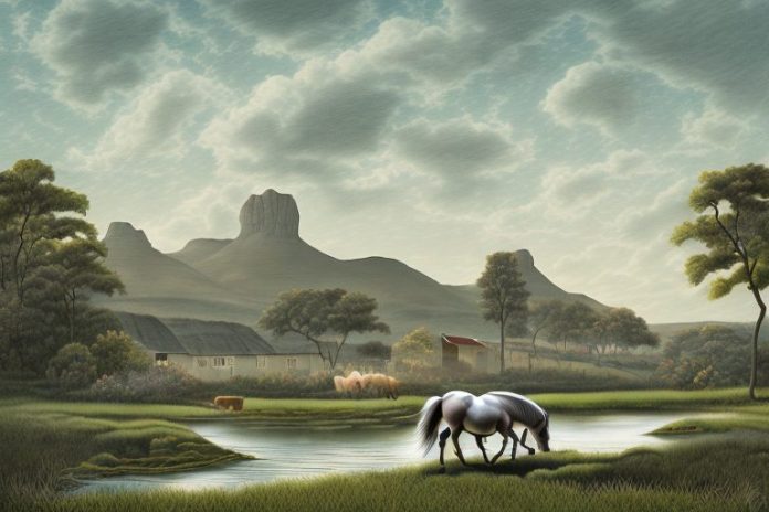 A cleveland bay horse in a rural landscape in hartbeespoort