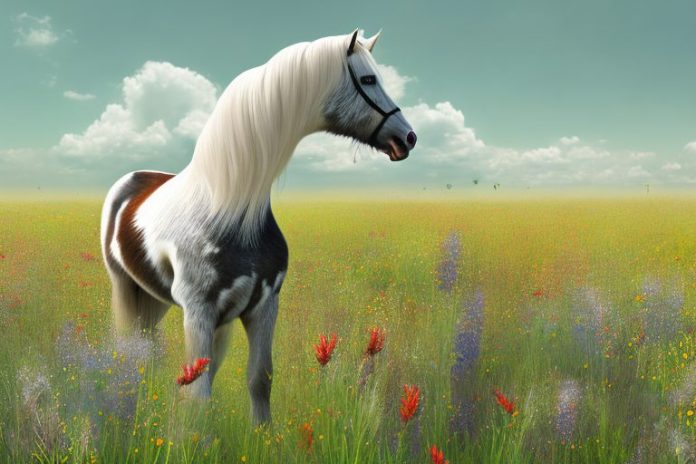 An american belgian draft horse in a field of wildflowers in springbok