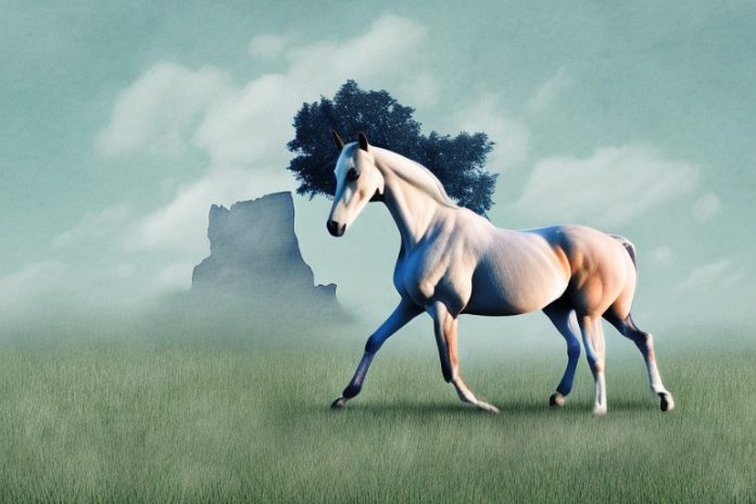 A trakehner horse in a field in parys