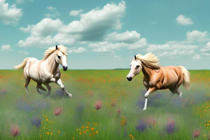 A haflinger horse galloping through a field of wildflowers in roodepoort