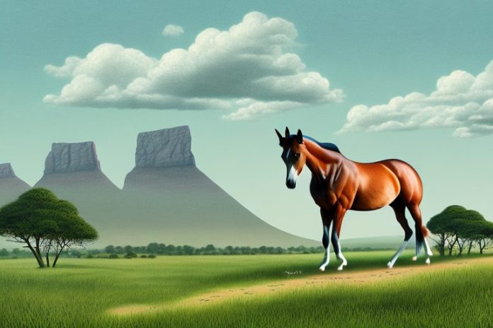 A trakehner horse in a rural landscape in mpumalanga
