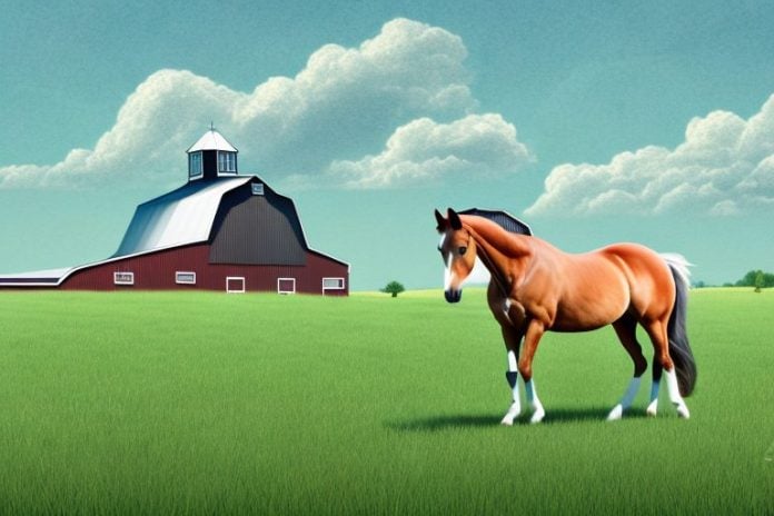 A trakehner horse in a field with a barn in the background