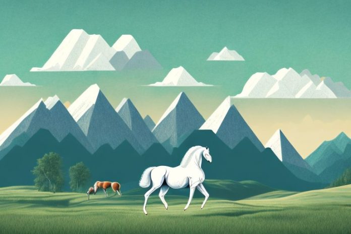 A trakehner horse in a rural landscape with mountains in the background