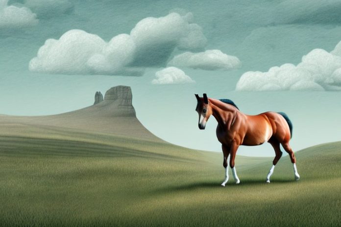A trakehner horse in a rural landscape in orkney