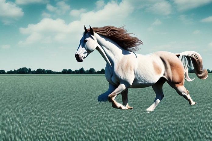 An american belgian draft horse galloping through a field in hartswater