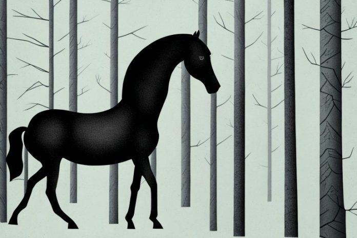 A black horse in a forest setting in newcastle