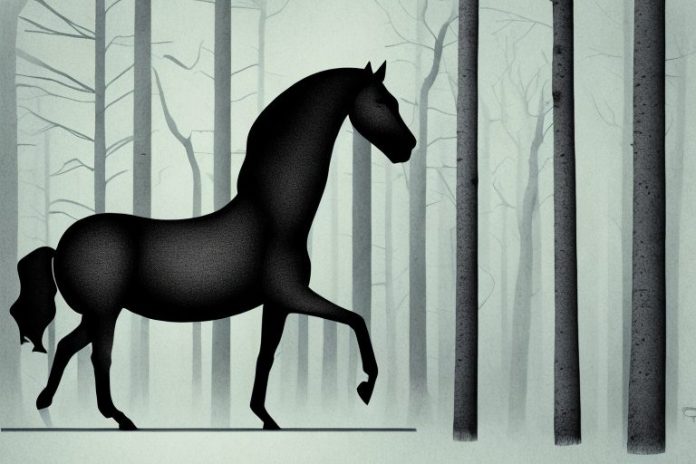 A black horse in a forest setting in richards bay