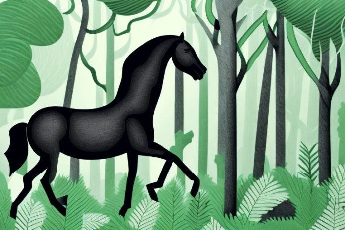 A black horse in a lush forest setting in ladysmith