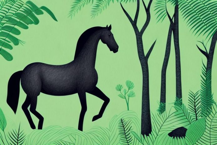 A black horse in a lush green forest in kwamashu