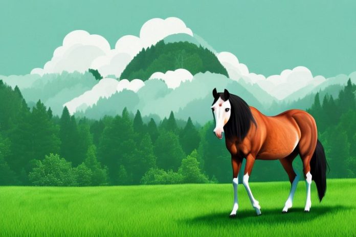 A horse in a lush green landscape