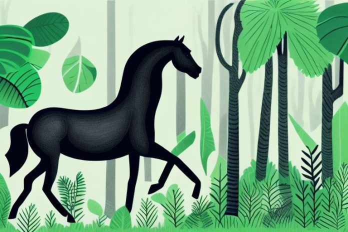 A black horse in a lush forest setting in margate