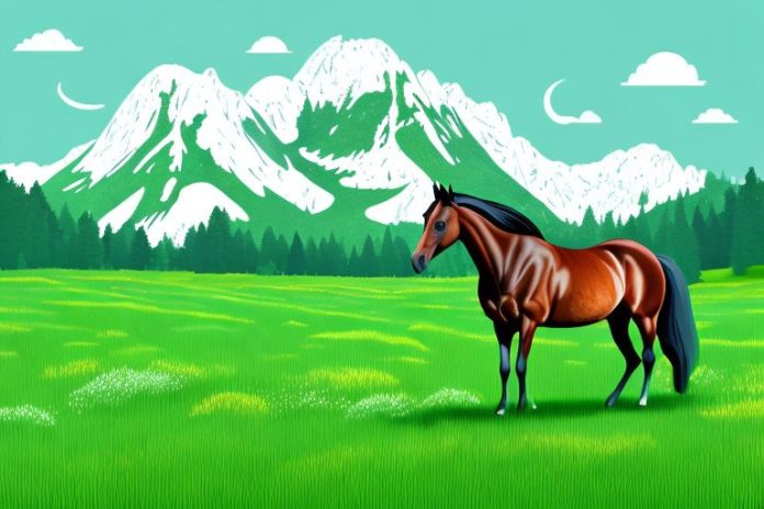 A horse in a lush green meadow with the black forest in the background