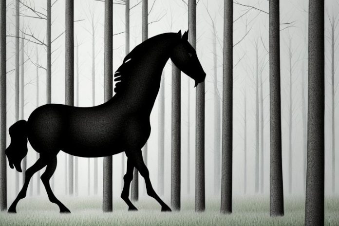 A black horse in a forest setting near pinetown