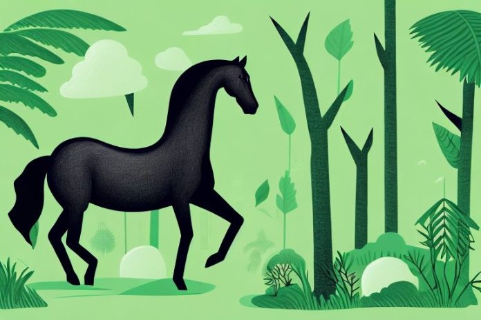 A black horse in a lush green forest in umhlanga