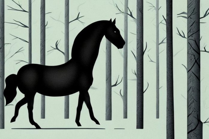 A black horse in a forest setting in the eastern cape of south africa